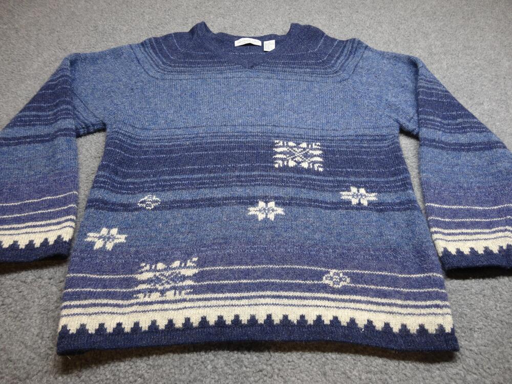 Vintage Northern Isles Sweater Womens Medium Blue Wool Fair Isle Boat Neck 90s